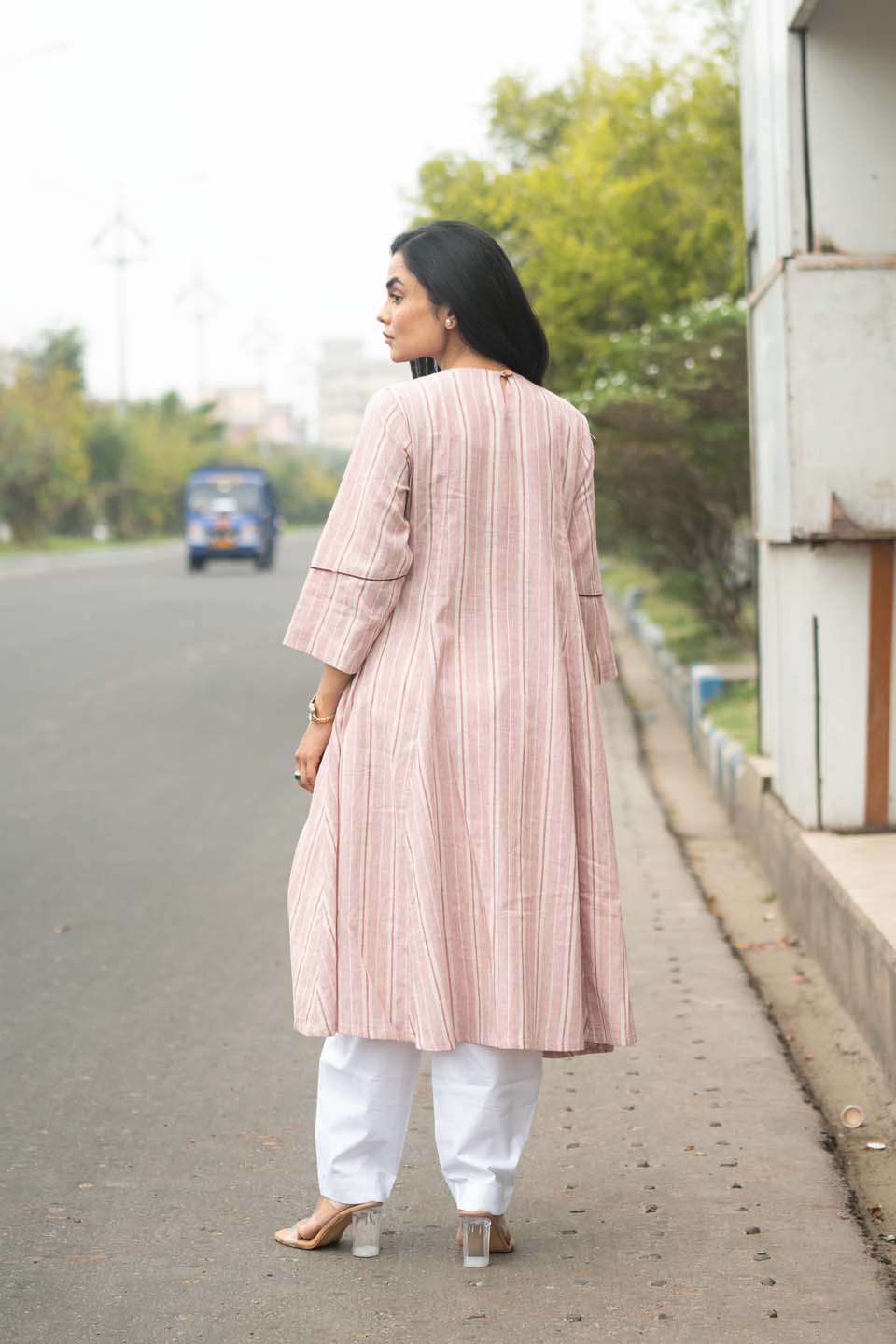 Blush Pleat — Empire-Cut Striped Cotton Kurta