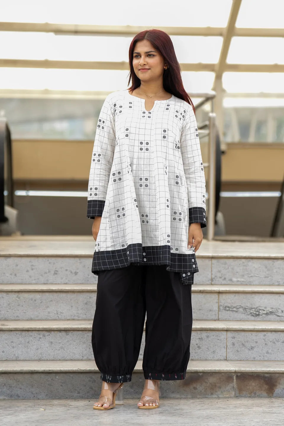 Pepper Check — Black & White Check Flared Cotton Kurti