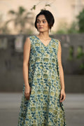 Garden Mist — Block Print Cotton Pleated Dress in Mint Botanical