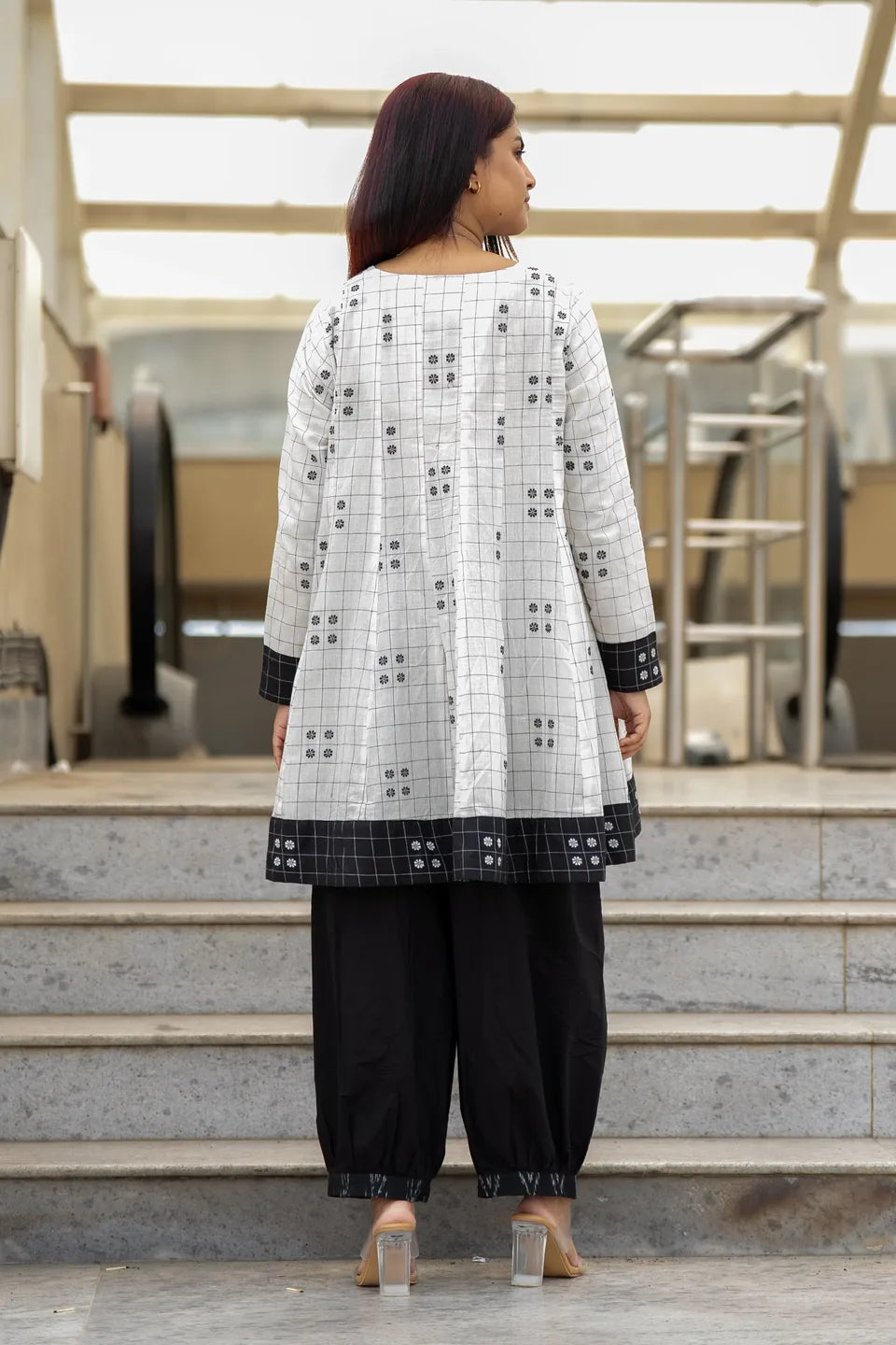 Pepper Check — Black & White Check Flared Cotton Kurti