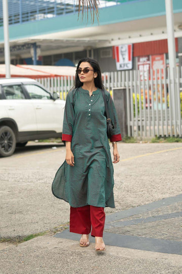 Forest Ember — Micro-Print Cotton Coord Set with Contrast Pants