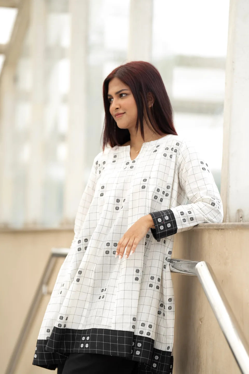 Pepper Check — Black & White Check Flared Cotton Kurti