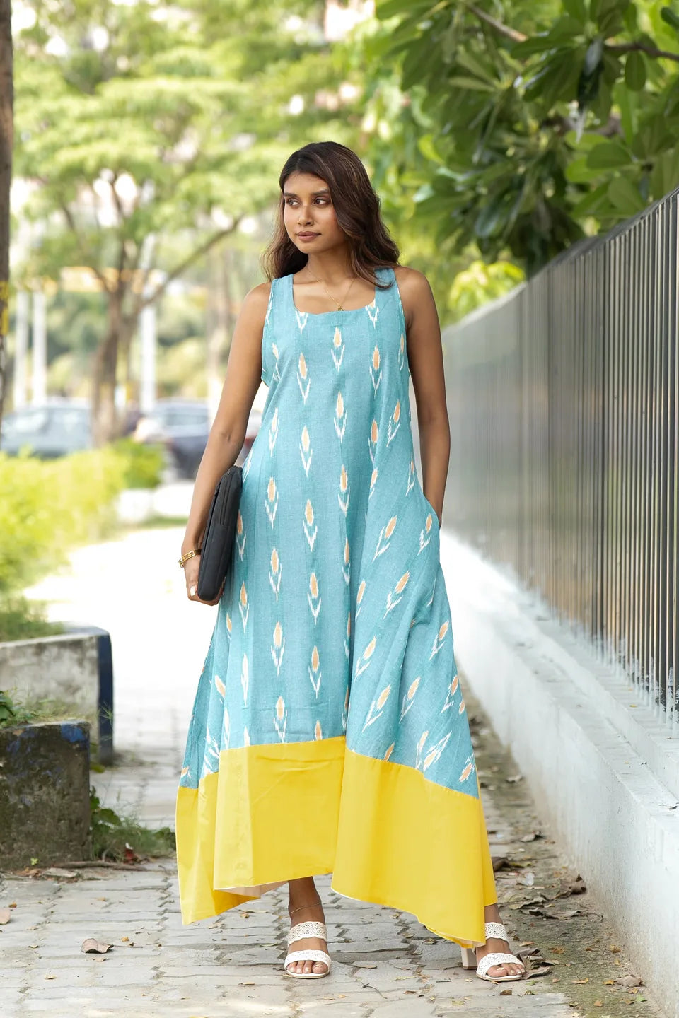 Lagoon Ikat — Ikat Cotton Sleeveless Maxi Dress with Contrast Hem