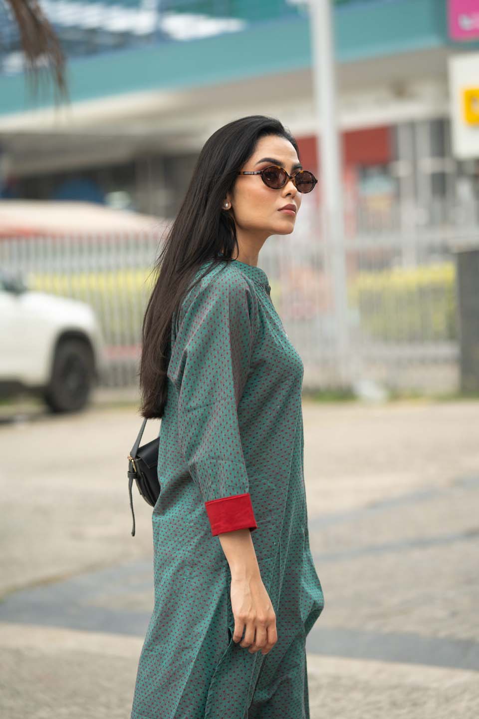 Forest Ember — Micro-Print Cotton Coord Set with Contrast Pants
