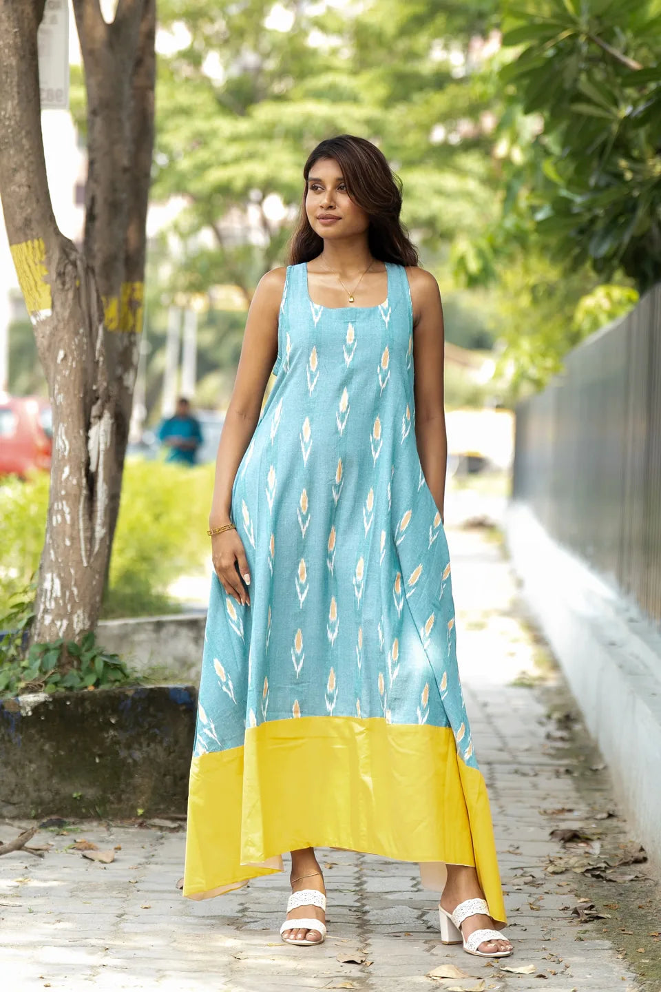 Lagoon Ikat — Ikat Cotton Sleeveless Maxi Dress with Contrast Hem