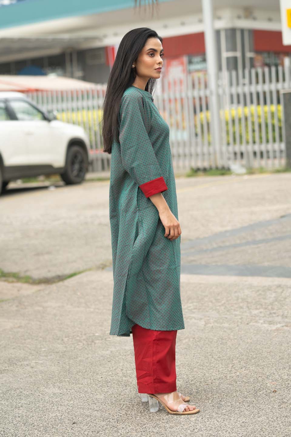 Forest Ember — Micro-Print Cotton Coord Set with Contrast Pants