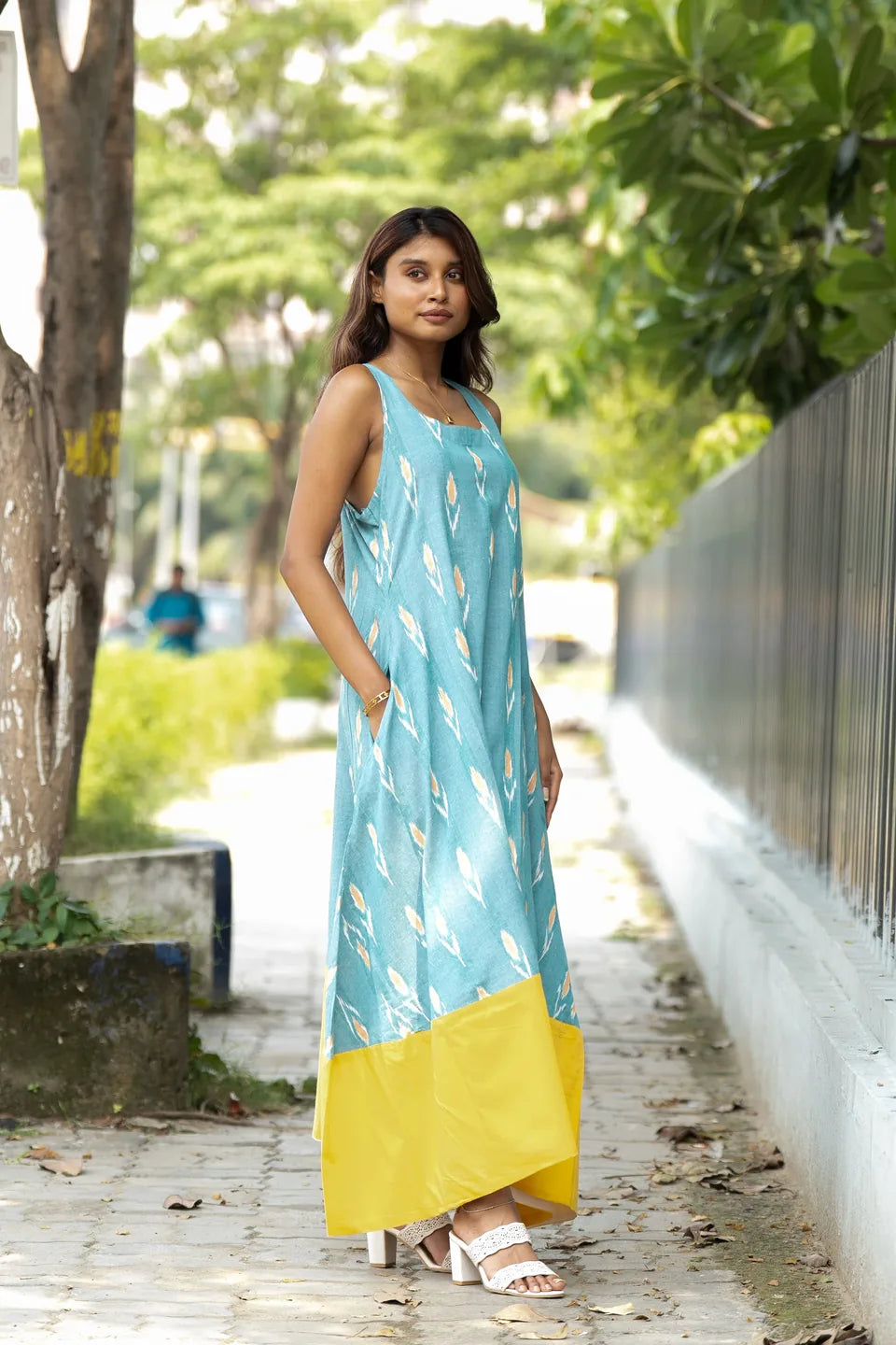 Lagoon Ikat — Ikat Cotton Sleeveless Maxi Dress with Contrast Hem