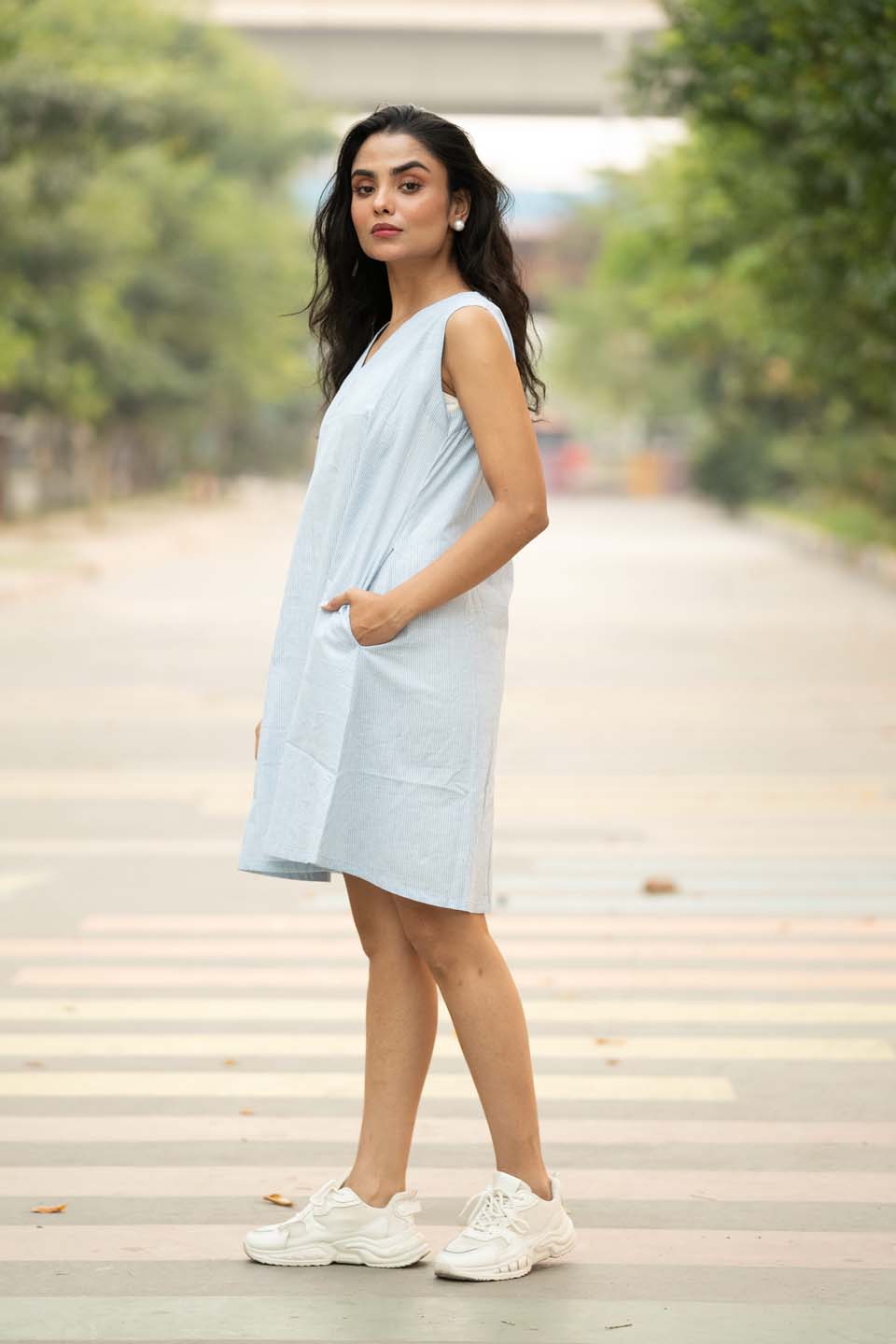 Sky Dot — Cotton Stripe Dress with Dot Shrug and Attached Stole