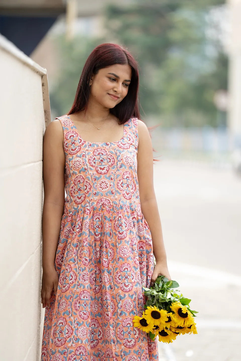 Coral Medallion — Medallion Block Print Fit-&-Flare Cotton Midi Dress