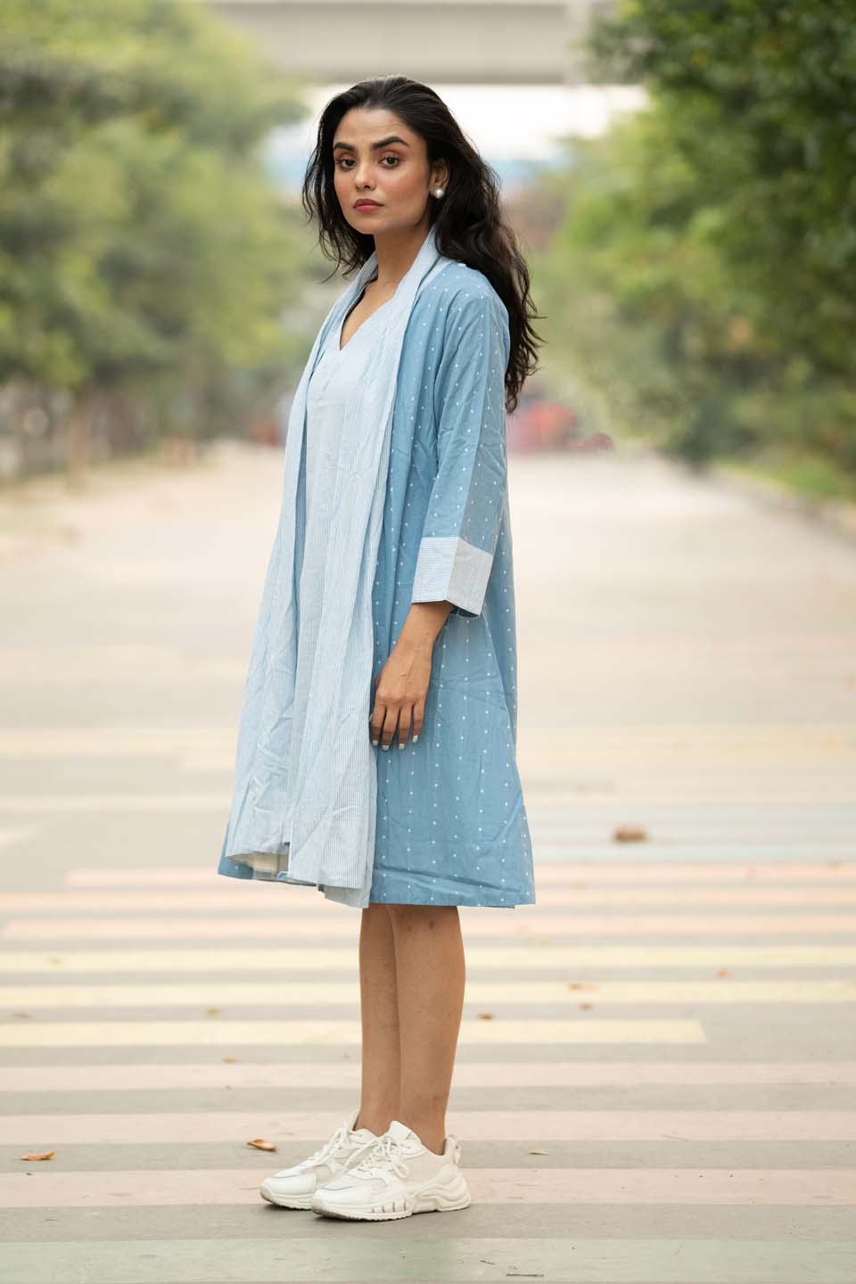 Sky Dot — Cotton Stripe Dress with Dot Shrug and Attached Stole