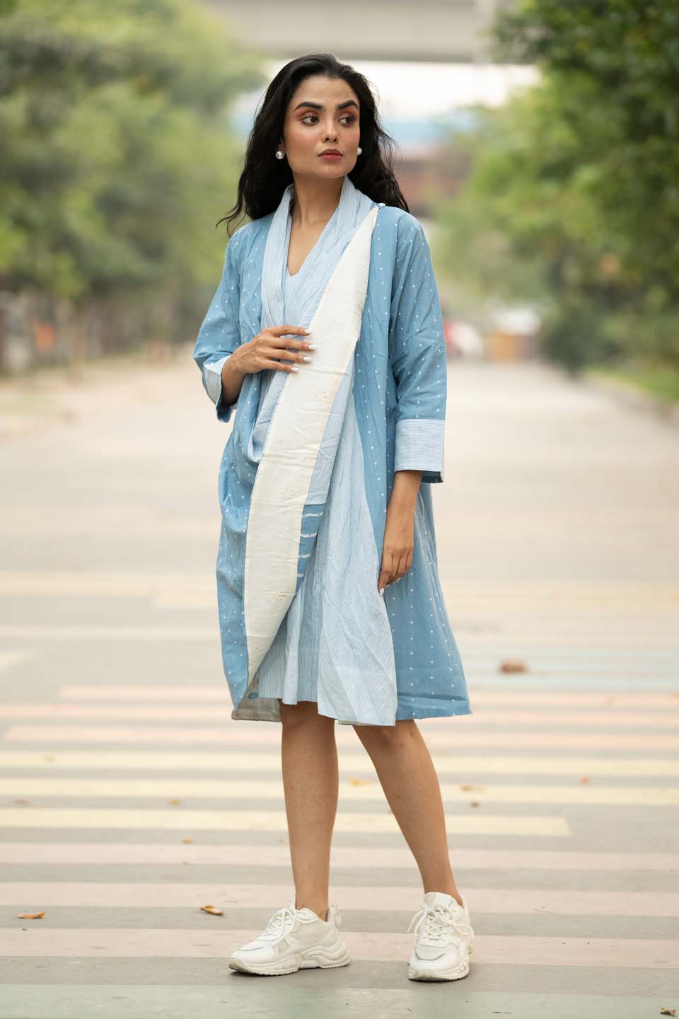 Sky Dot — Cotton Stripe Dress with Dot Shrug and Attached Stole