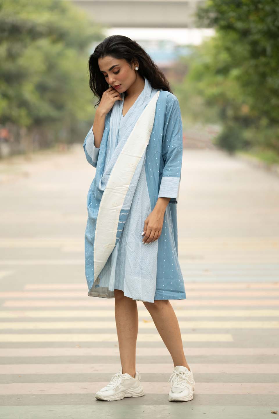 Sky Dot — Cotton Stripe Dress with Dot Shrug and Attached Stole
