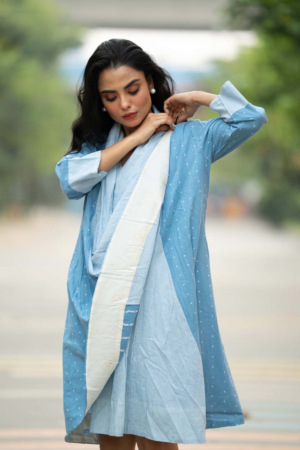 Sky Dot — Cotton Stripe Dress with Dot Shrug and Attached Stole