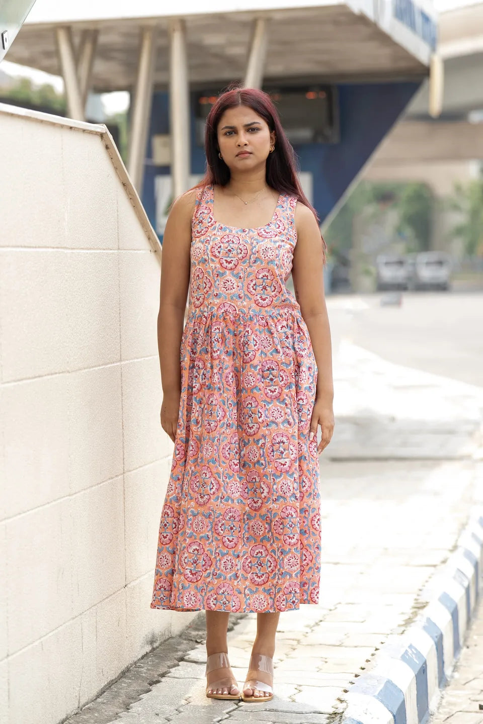 Coral Medallion — Medallion Block Print Fit-&-Flare Cotton Midi Dress