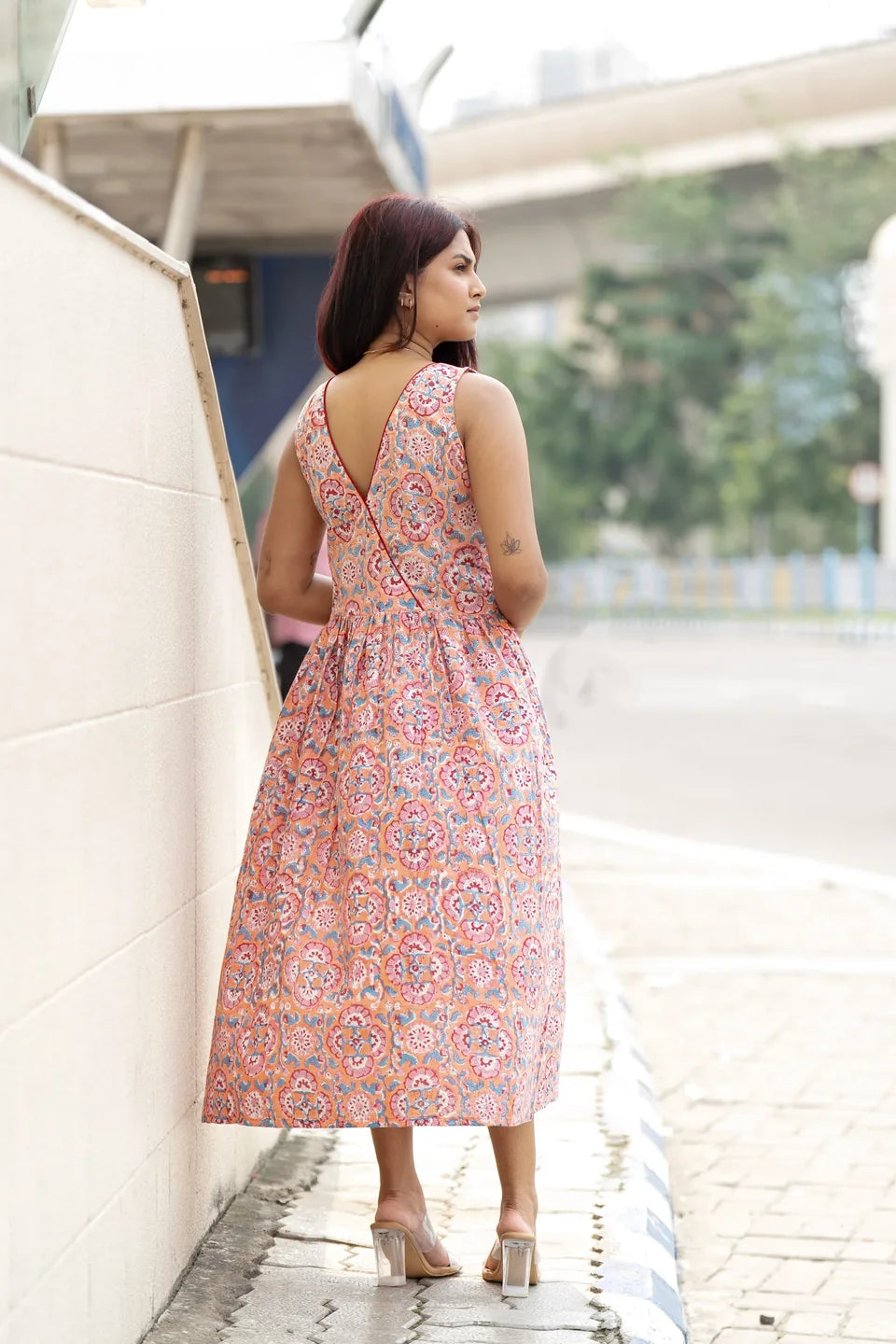Coral Medallion — Medallion Block Print Fit-&-Flare Cotton Midi Dress