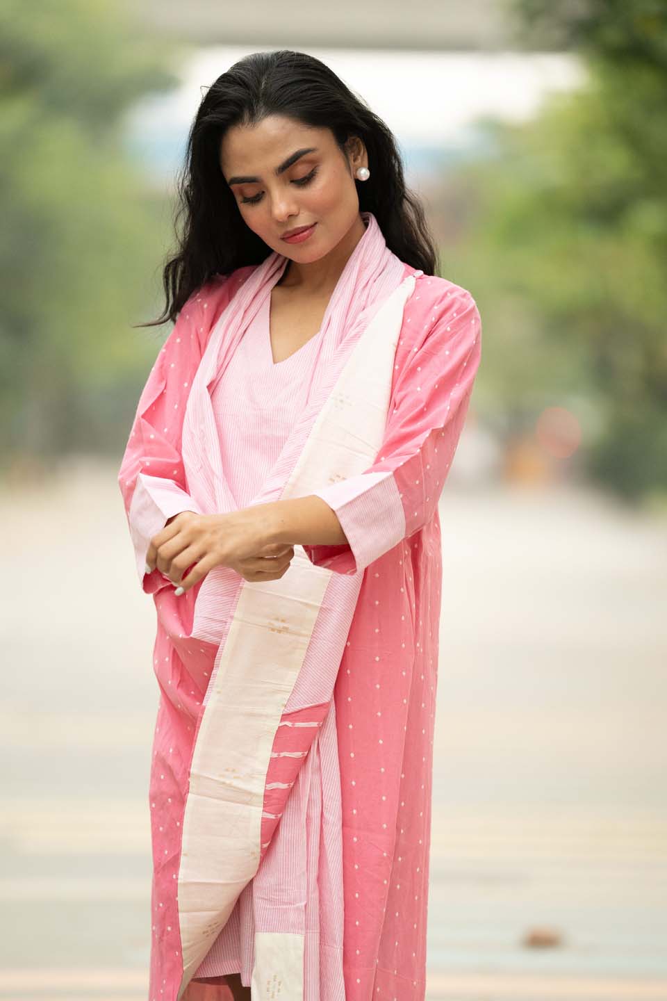 Blush Dot — Cotton Stripe Dress with Dot Shrug and Attached Stole