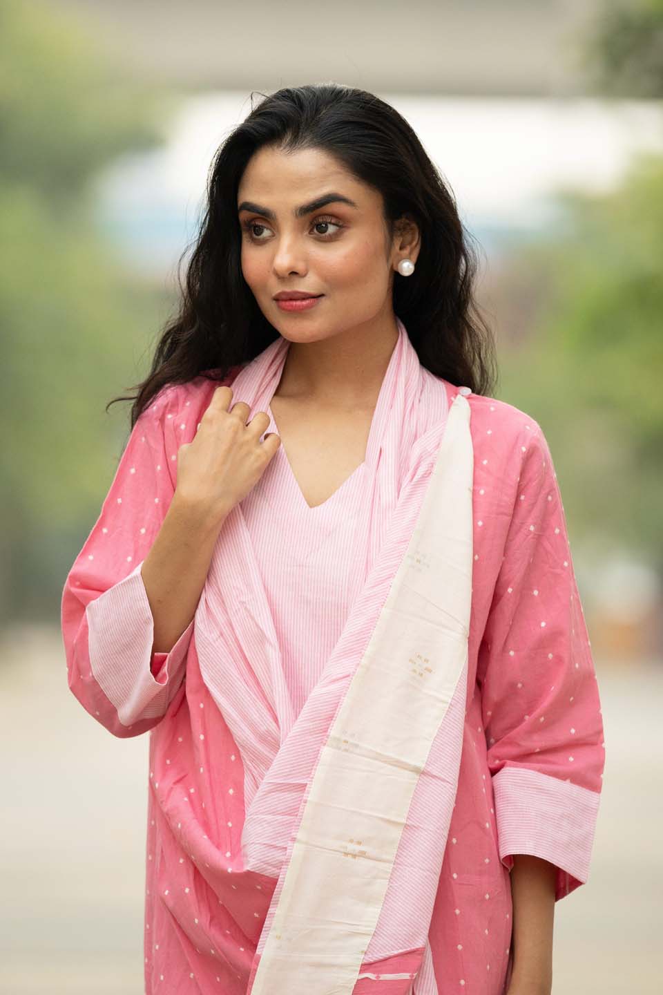 Blush Dot — Cotton Stripe Dress with Dot Shrug and Attached Stole