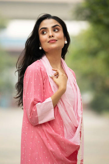 Blush Dot — Cotton Stripe Dress with Dot Shrug and Attached Stole