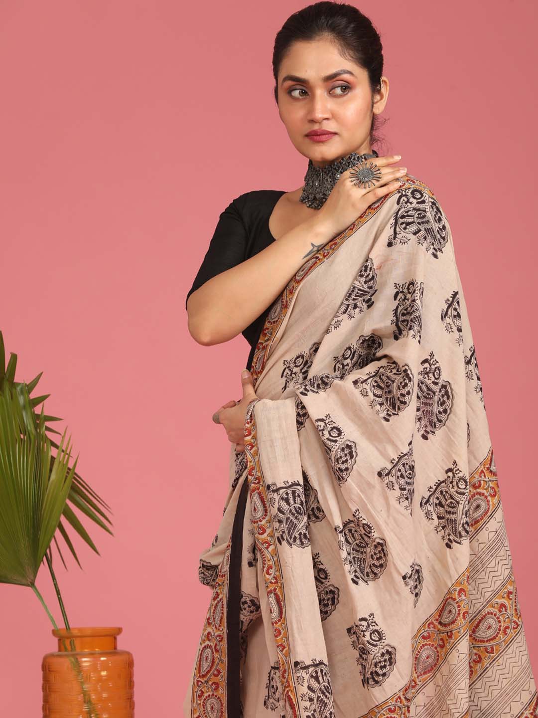 Indethnic Kalamkari Handblock Mulmul Cotton Saree - View 2