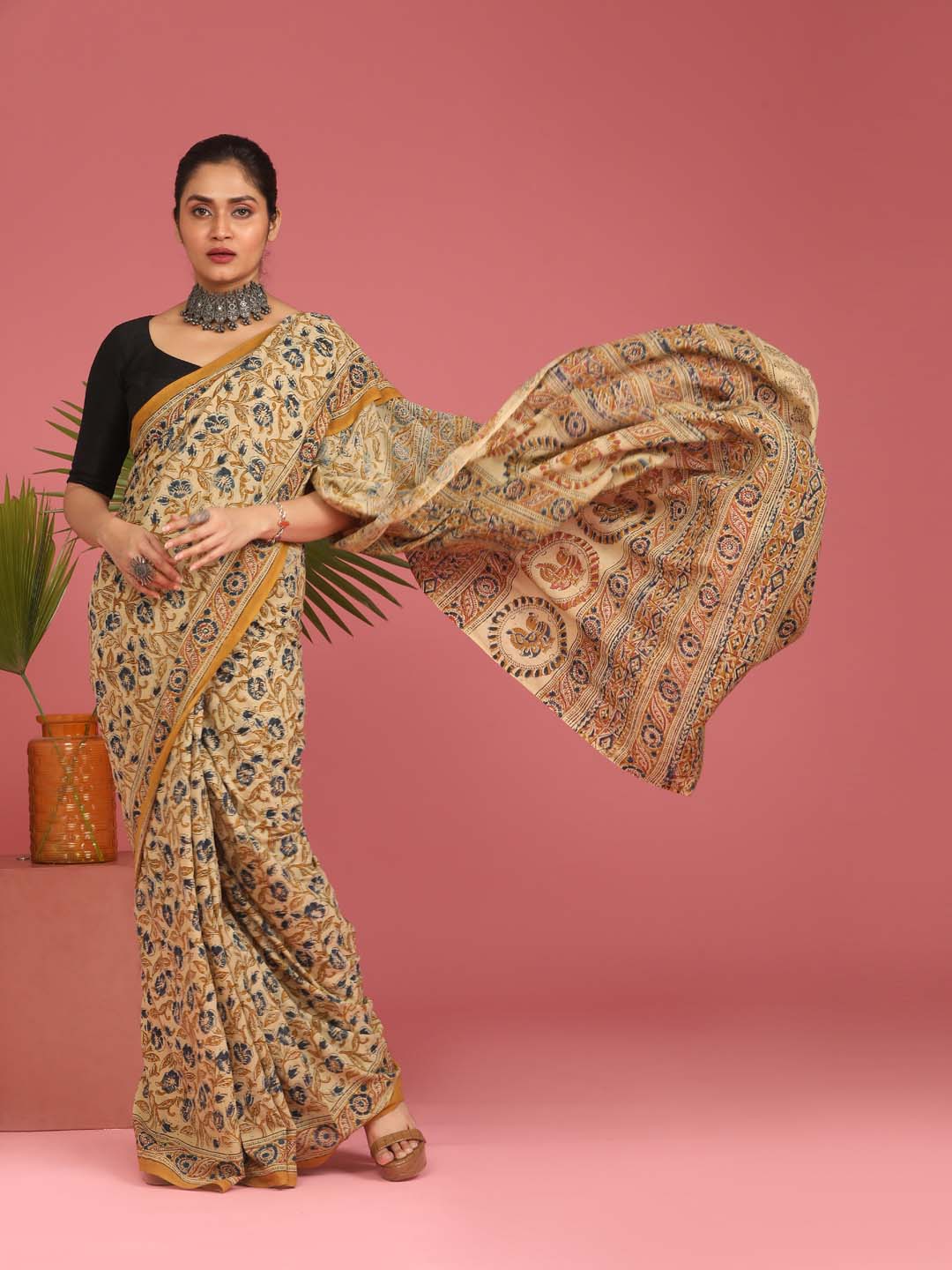 Indethnic Kalamkari Handblock Mulmul Cotton Saree - View 1