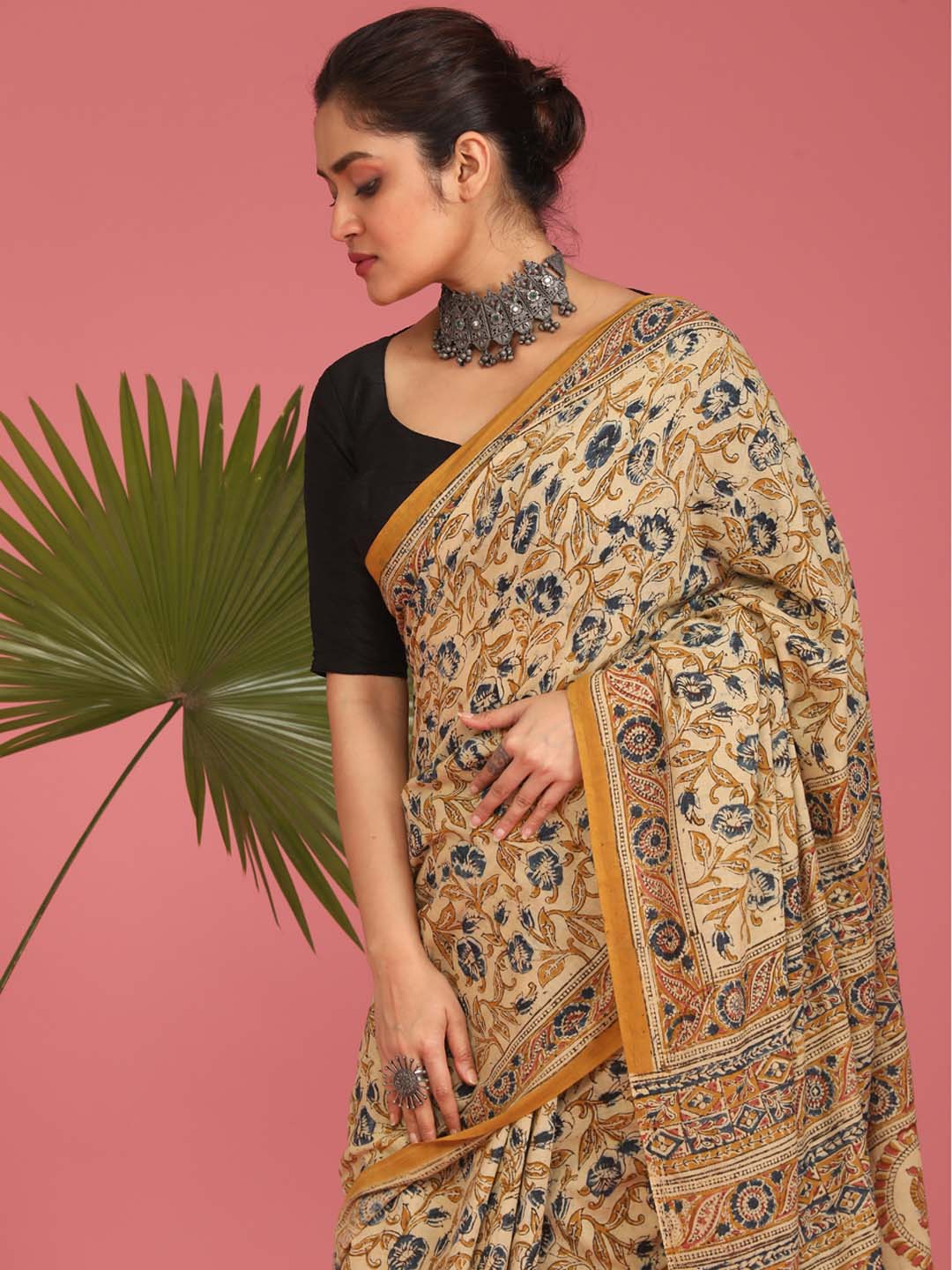 Indethnic Kalamkari Handblock Mulmul Cotton Saree - View 2