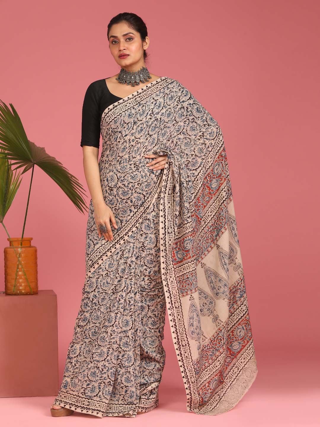 Indethnic Kalamkari Handblock Mulmul Cotton Saree - View 1