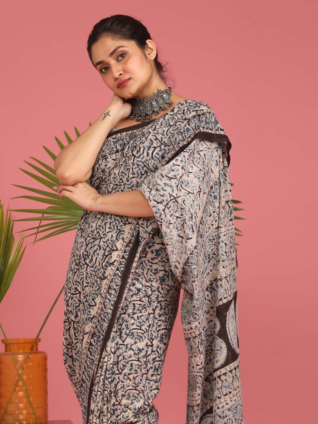 Indethnic Kalamkari Handblock Mulmul Cotton Saree - View 2