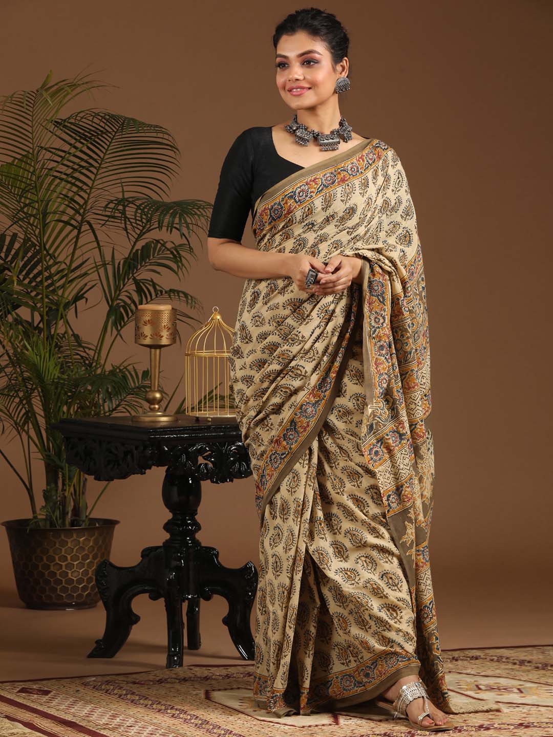 Indethnic Kalamkari Handblock Mulmul Cotton Saree - View 1