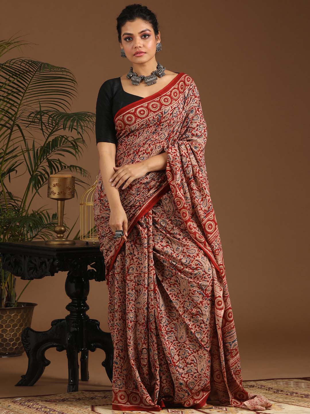 Indethnic Kalamkari Handblock Mulmul Cotton Saree - View 1