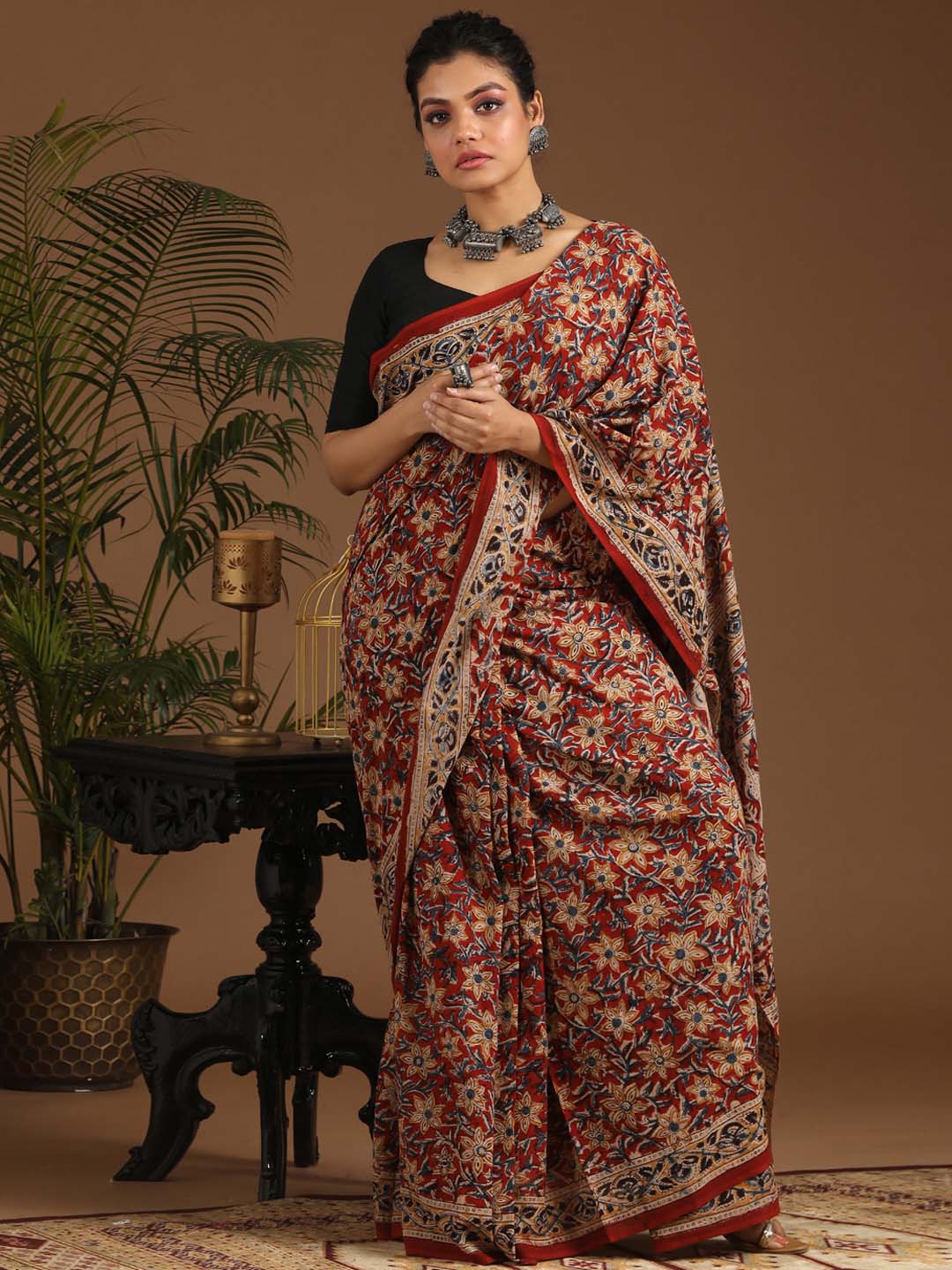 Indethnic Kalamkari Handblock Mulmul Cotton Saree - View 1