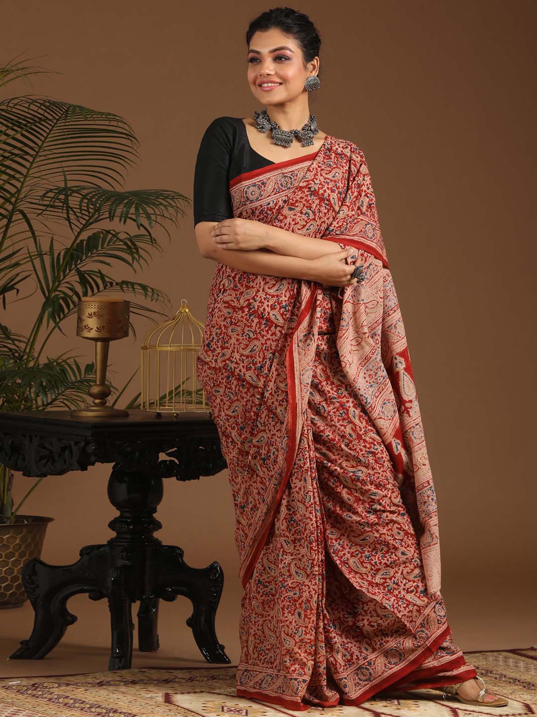 Indethnic Kalamkari Handblock Mulmul Cotton Saree - View 1