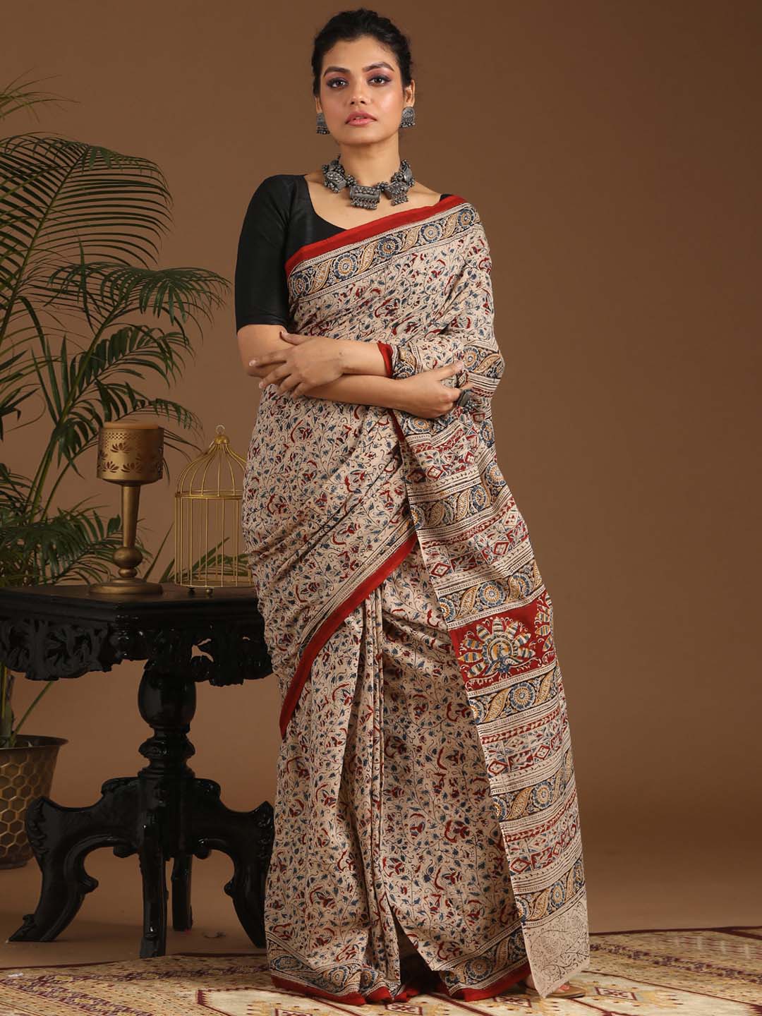 Indethnic Kalamkari Handblock Mulmul Cotton Saree - View 1