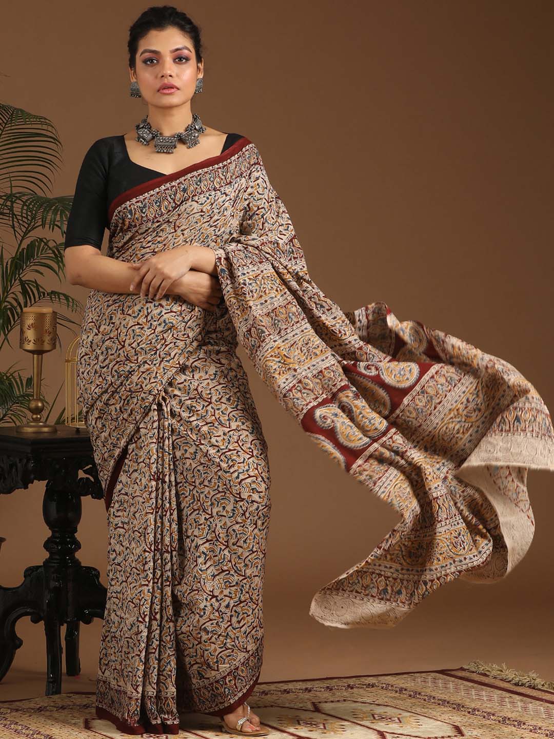 Indethnic Kalamkari Handblock Mulmul Cotton Saree - View 1