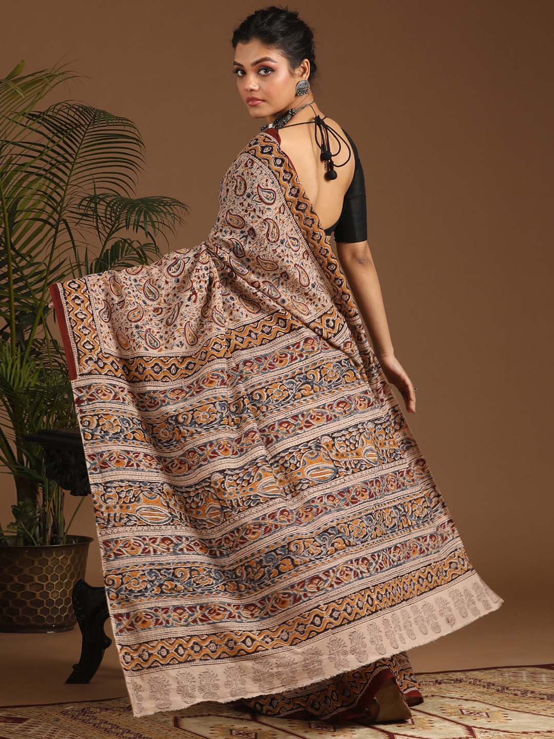 Indethnic Kalamkari Handblock Mulmul Cotton Saree - View 3