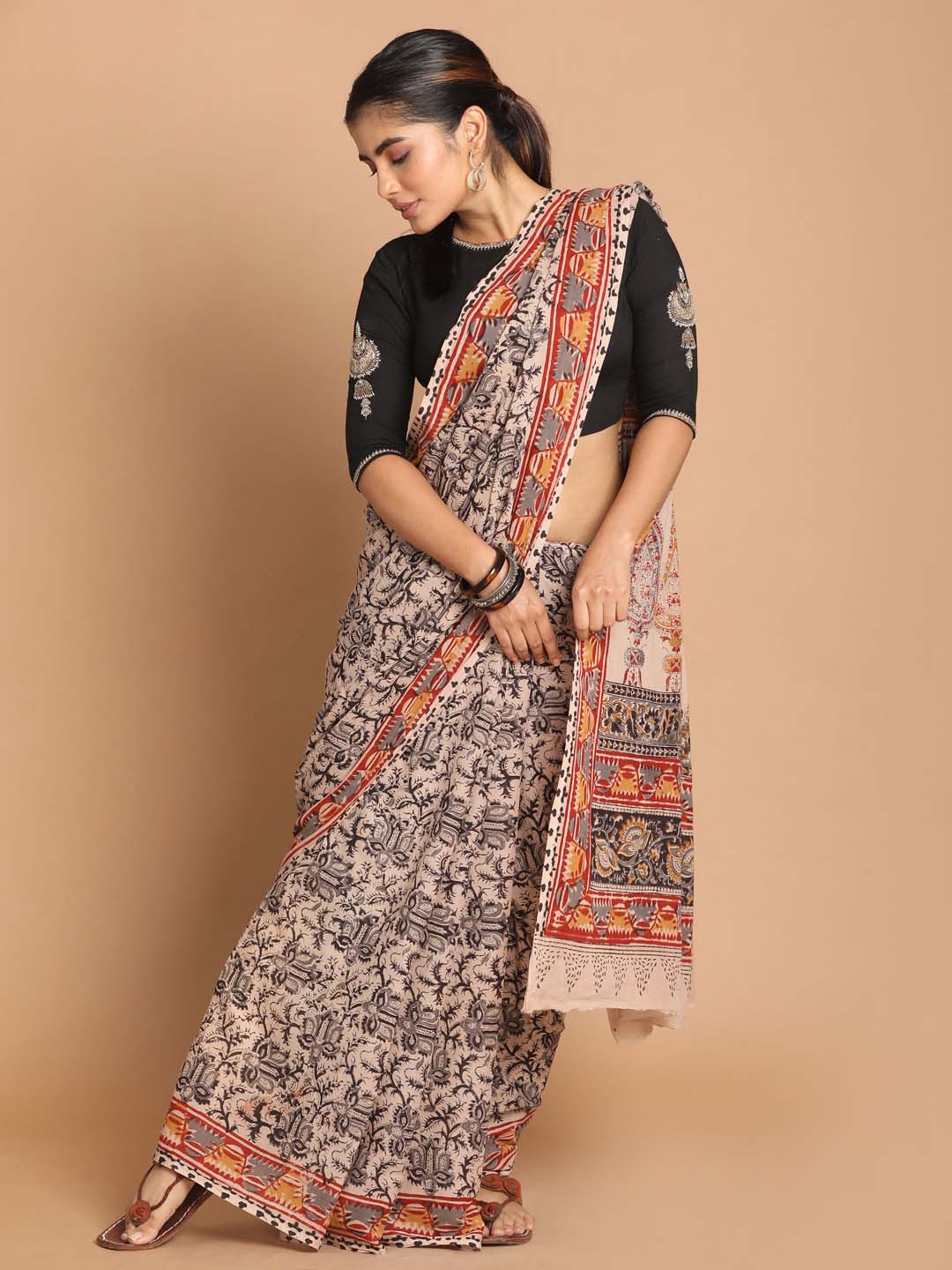 Indethnic Kalamkari Handblock Mulmul Cotton Saree - View 1