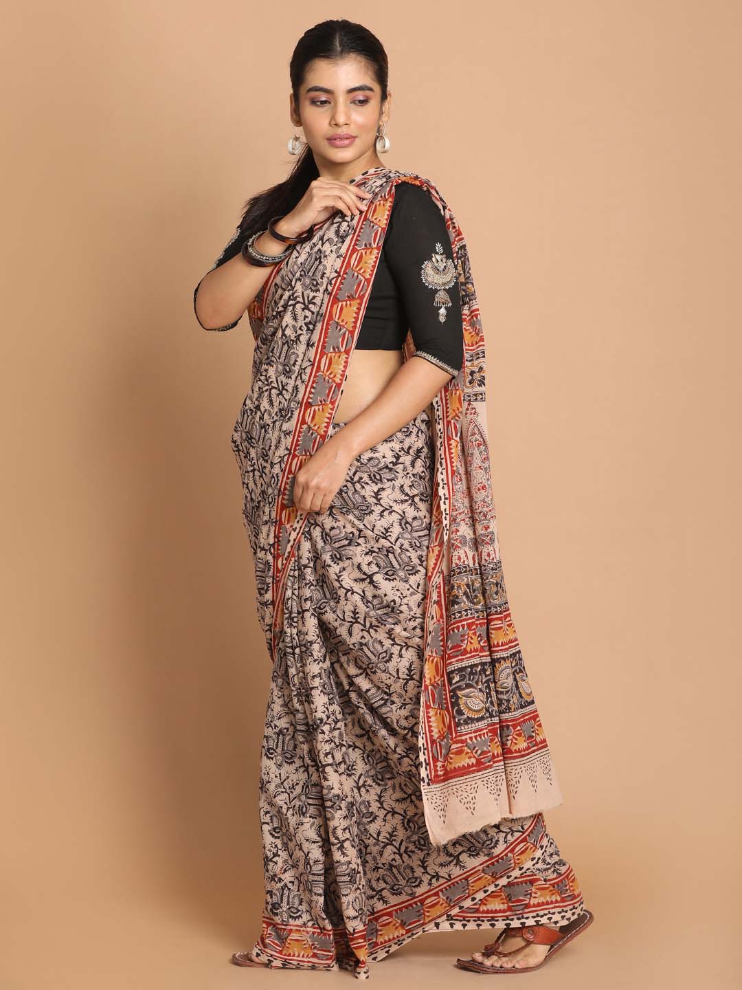 Indethnic Kalamkari Handblock Mulmul Cotton Saree - View 2