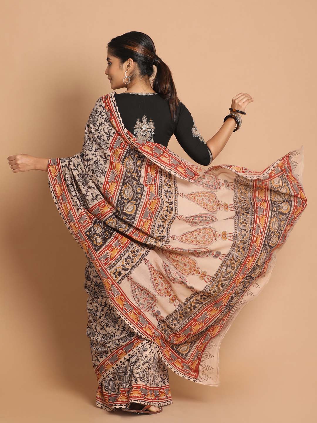 Indethnic Kalamkari Handblock Mulmul Cotton Saree - View 3