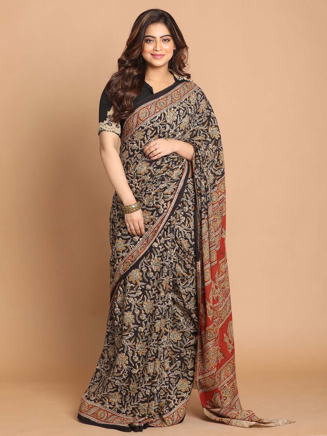 Indethnic Kalamkari Handblock Mulmul Cotton Saree - View 1