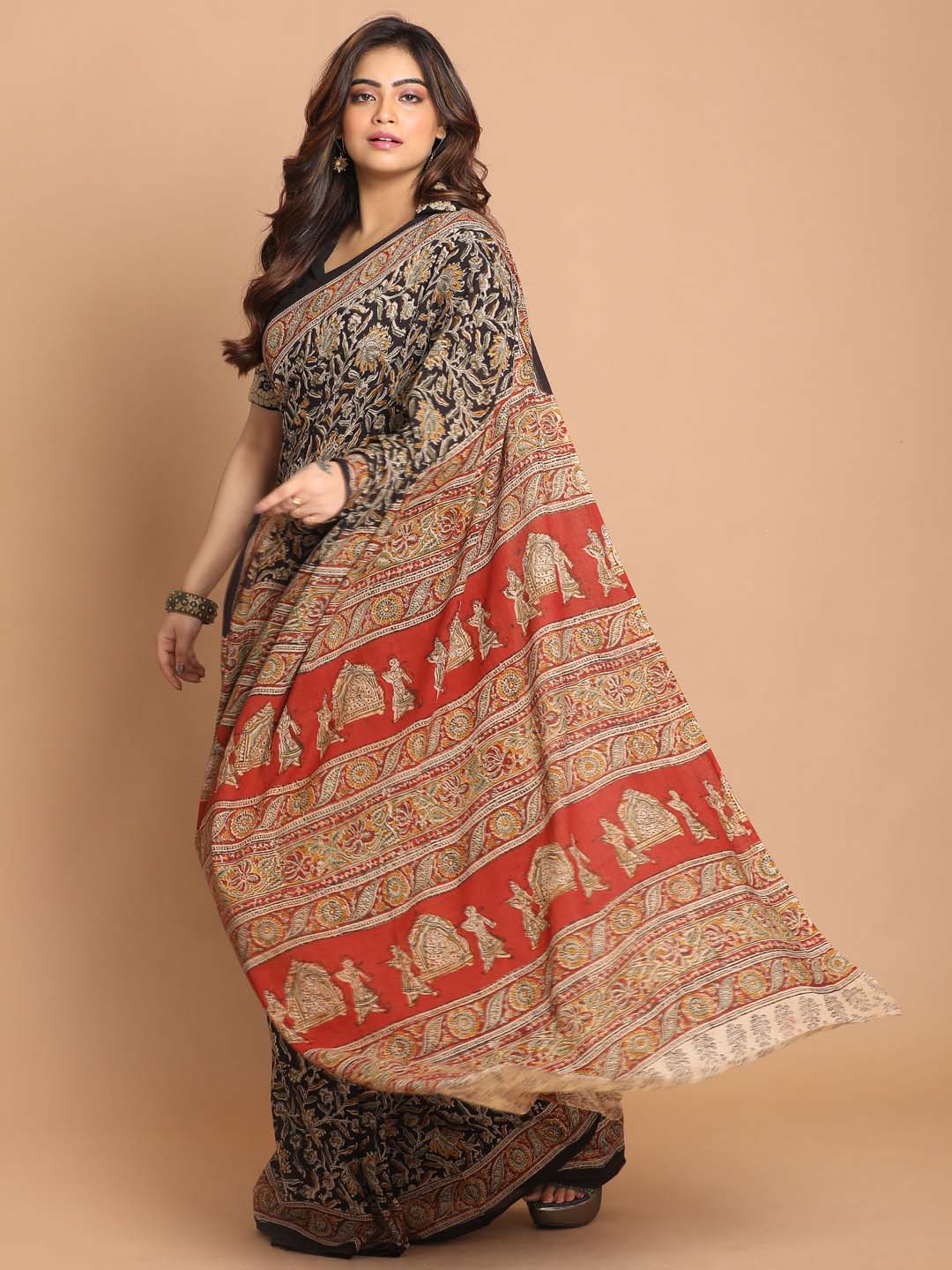 Indethnic Kalamkari Handblock Mulmul Cotton Saree - View 2