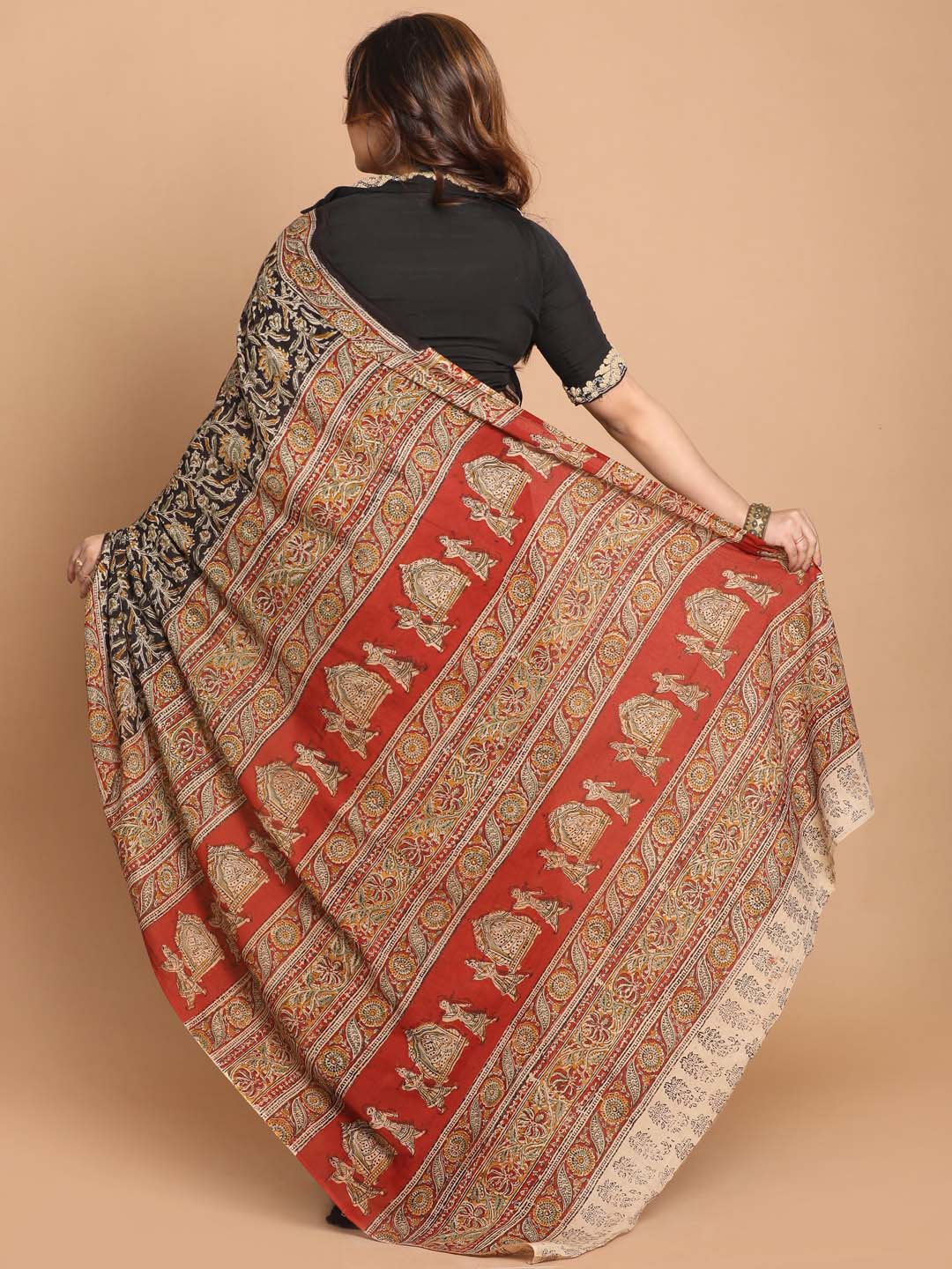 Indethnic Kalamkari Handblock Mulmul Cotton Saree - View 3