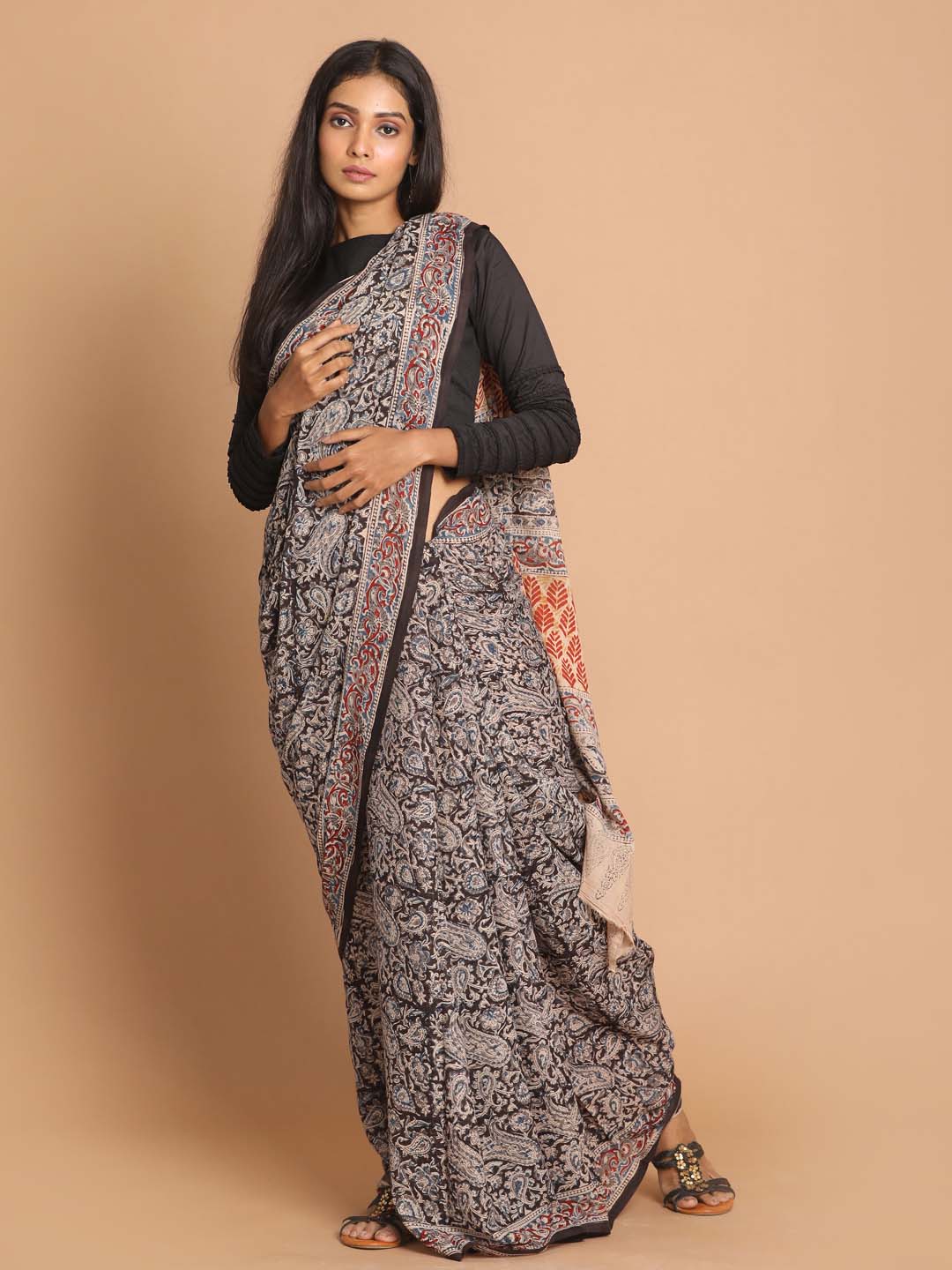 Indethnic Kalamkari Handblock Mulmul Cotton Saree - View 1