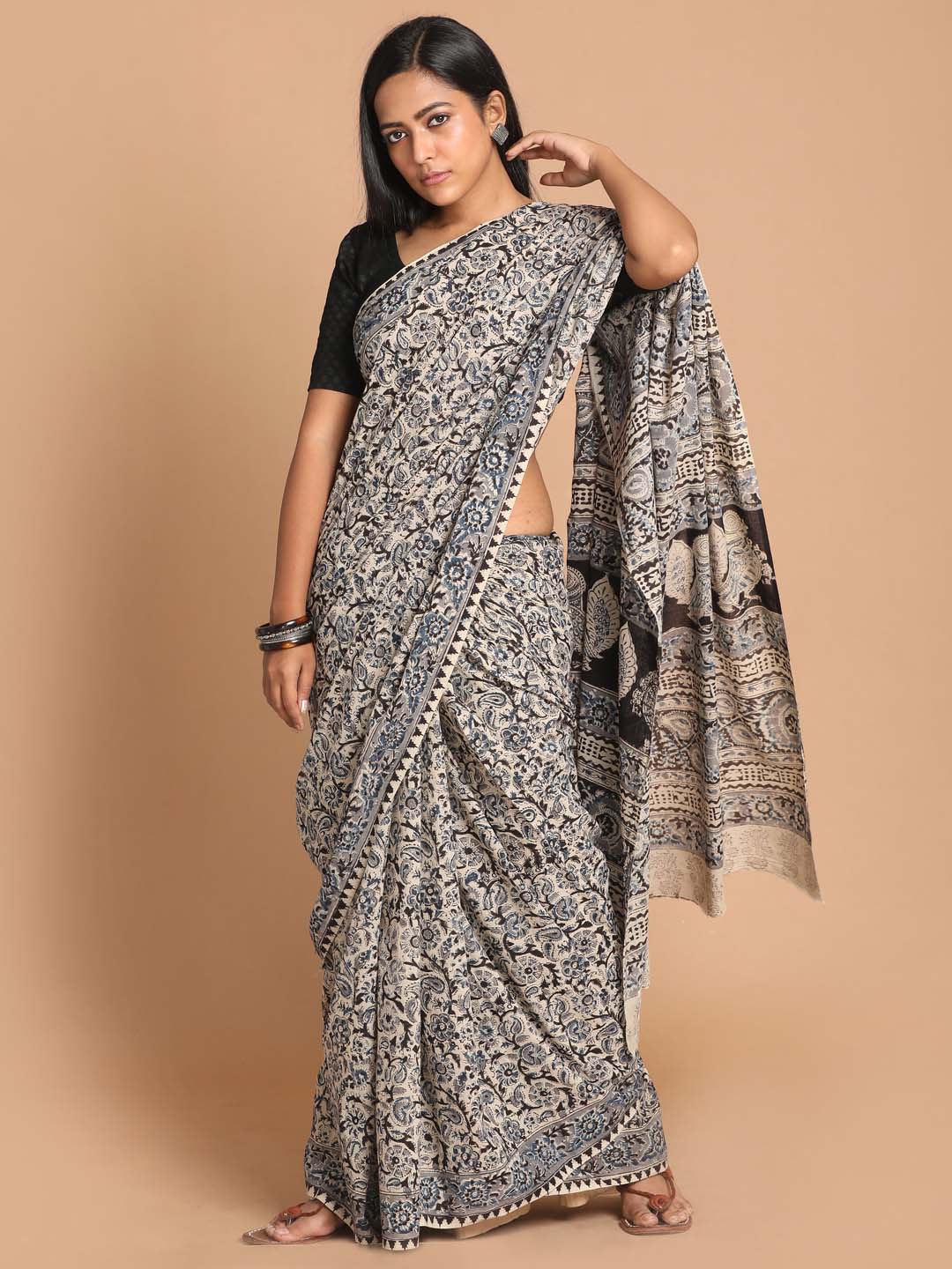 Indethnic Kalamkari Handblock Mulmul Cotton Saree - View 1