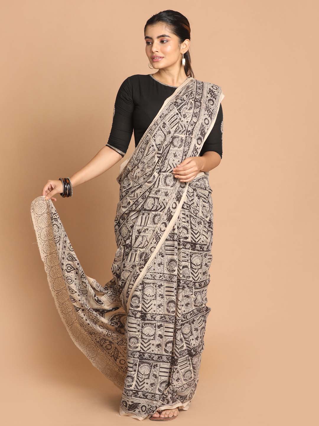 Indethnic Kalamkari Handblock Mulmul Cotton Saree - View 1