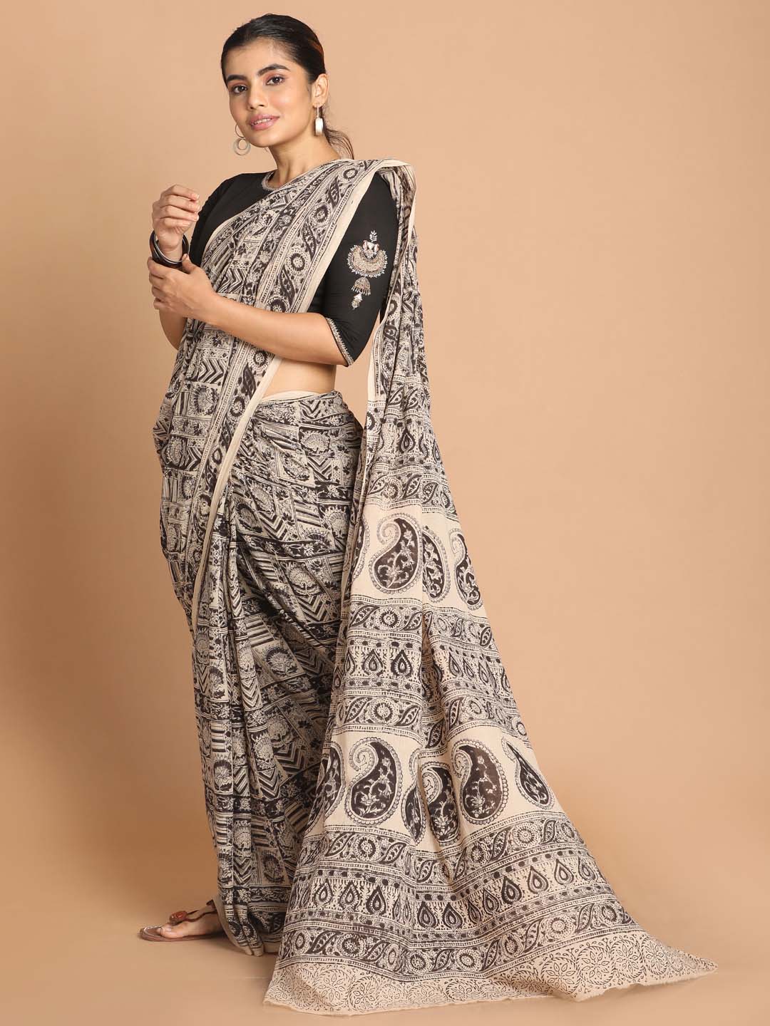 Indethnic Kalamkari Handblock Mulmul Cotton Saree - View 2