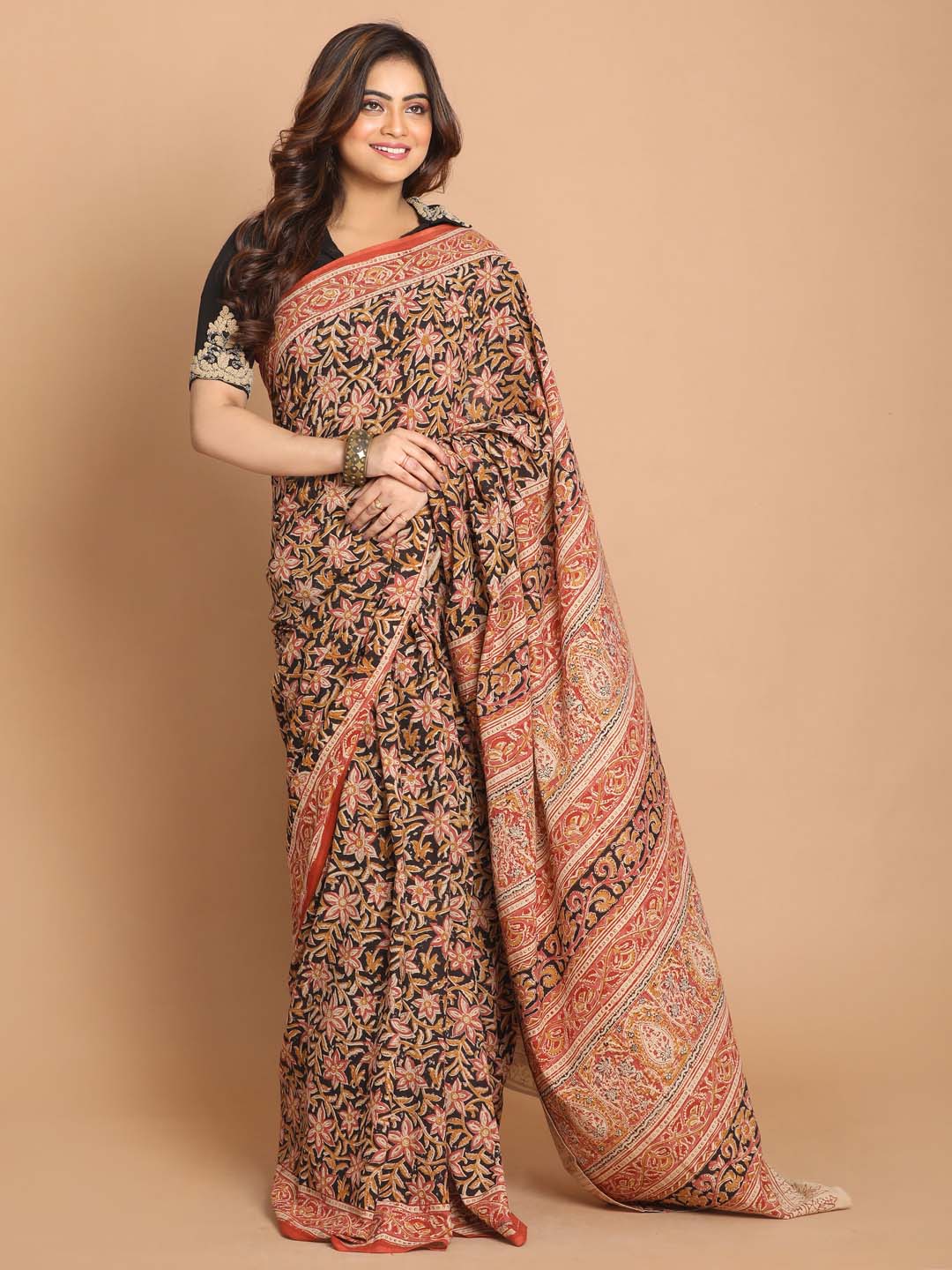 Indethnic Kalamkari Handblock Mulmul Cotton Saree - View 1