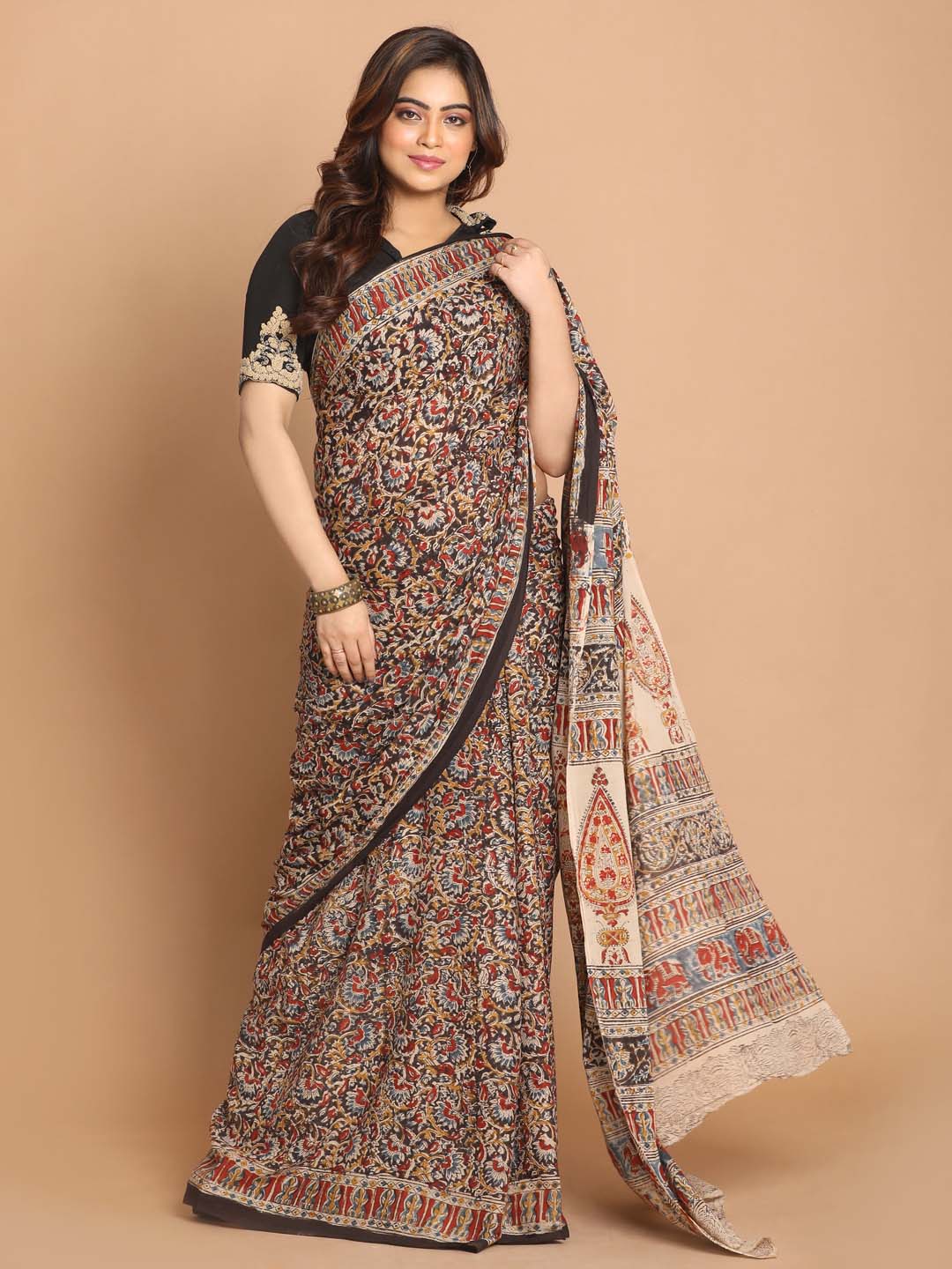 Indethnic Kalamkari Handblock Mulmul Cotton Saree - View 1