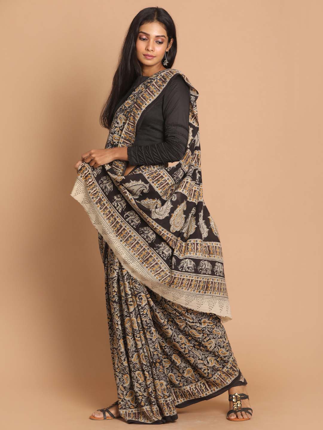 Indethnic Kalamkari Handblock Mulmul Cotton Saree - View 2