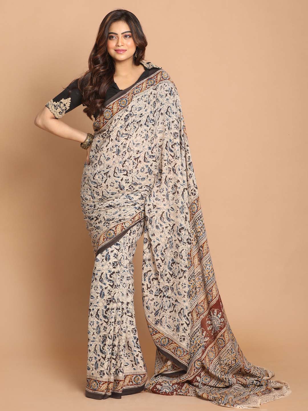 Indethnic Kalamkari Handblock Mulmul Cotton Saree - View 1