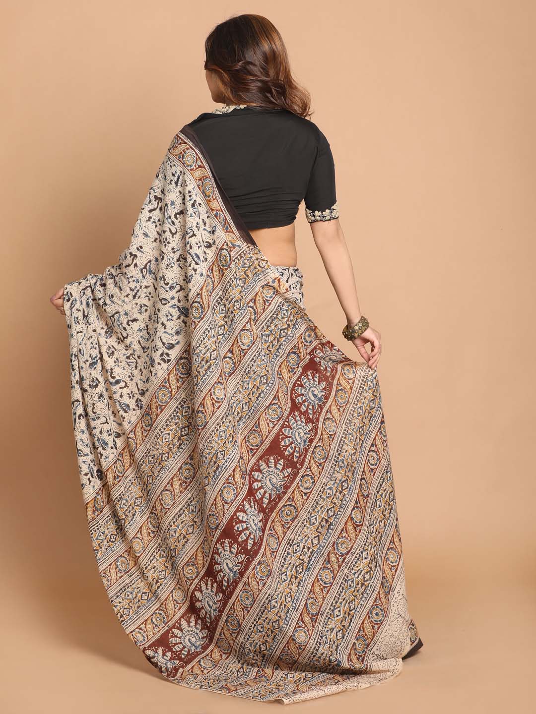 Indethnic Kalamkari Handblock Mulmul Cotton Saree - View 3