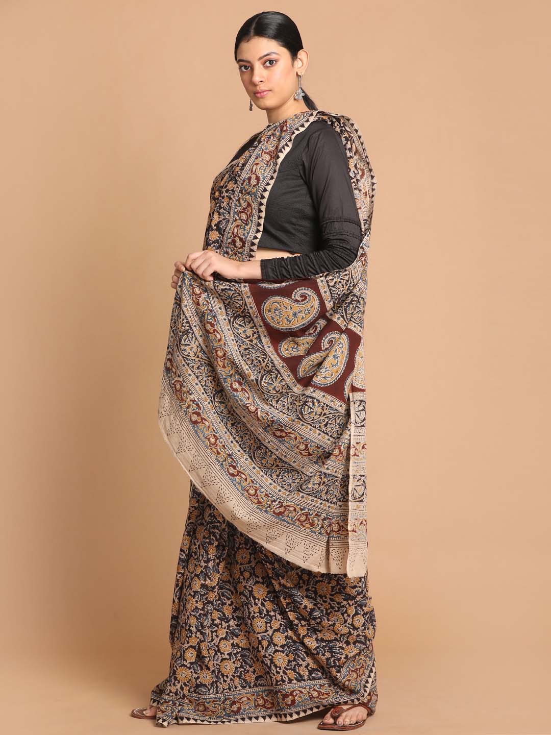 Indethnic Kalamkari Handblock Mulmul Cotton Saree - View 2